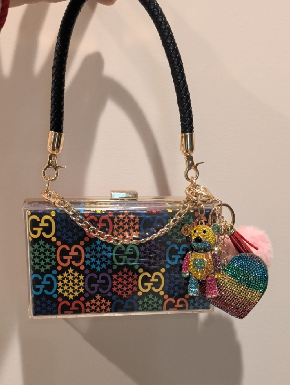 Upcycled Multicolor Logo Pattern Clear Box Clutch with Gold Chain/ 1 of 2 - Picture 1 of 6